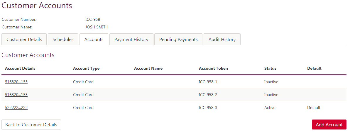 Customer Accounts Page