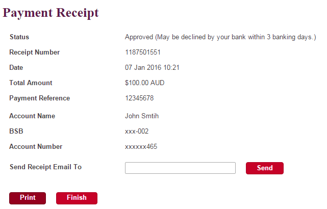 Receipt page with bank account