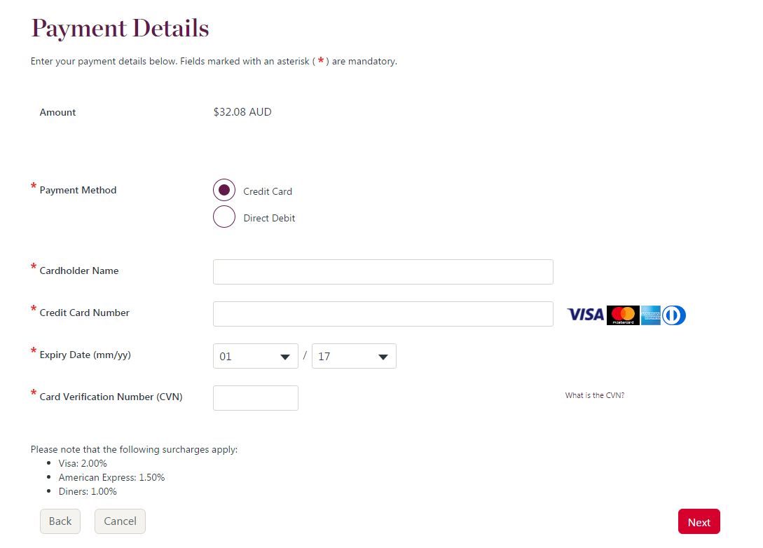 Enter banking details page example with card chosen.