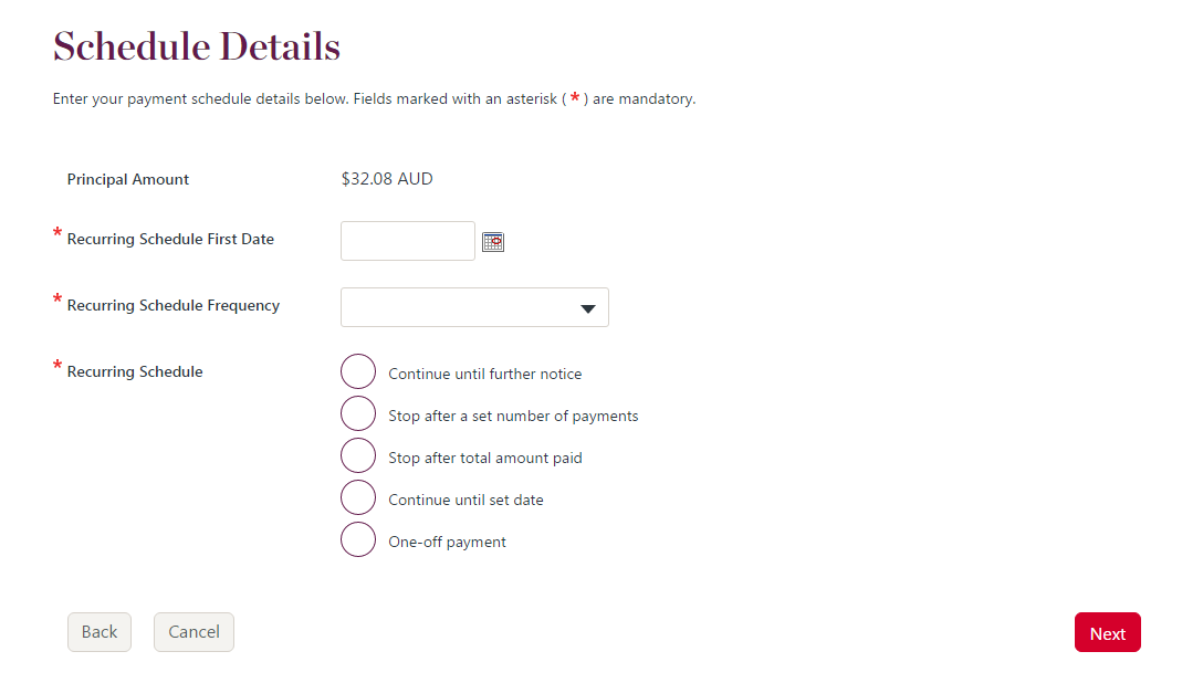 Enter schedule details page example.