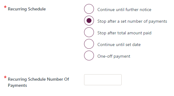 Enter schedule details for "Stop after a set number of payments type".